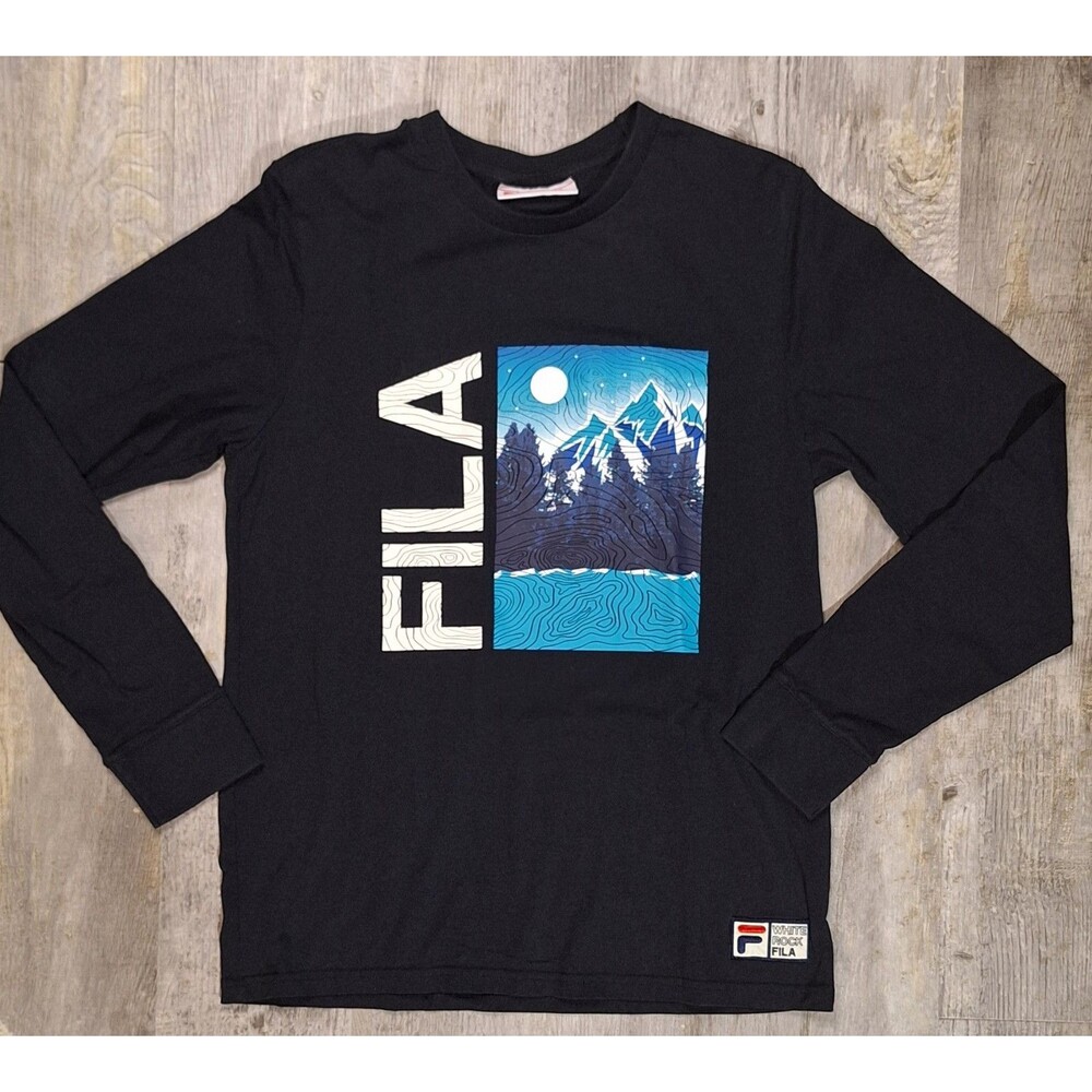 FILA White Rock Long Sleeve Graphic T-Shirt Mens M Black Mountain Lake Cotton